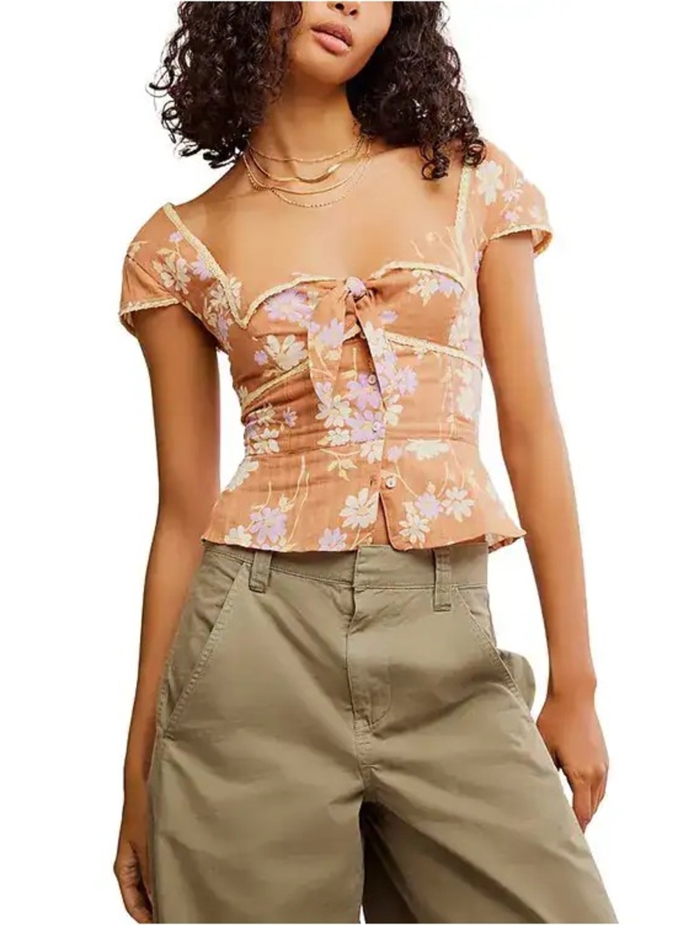 Free People Peach Floral Tie-Front Cap Sleeve Top